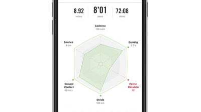 A smartphone displays a running analysis app. The screen shows a radar chart with data on bounce, braking, pelvic rotation, stride, and ground contact. Above it are stats: 8.92 miles, 801 pace, and 72:08 duration, dated August 5, 2015.