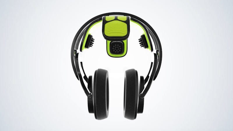 Overhead view of black and green headphones with thick ear cushions and a unique design on the headband. The headphones are set against a light background.