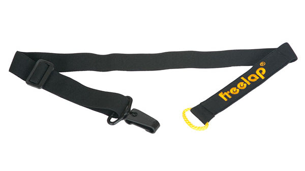 A black adjustable belt with a clip and a yellow loop. The strap reads freelap in yellow text.