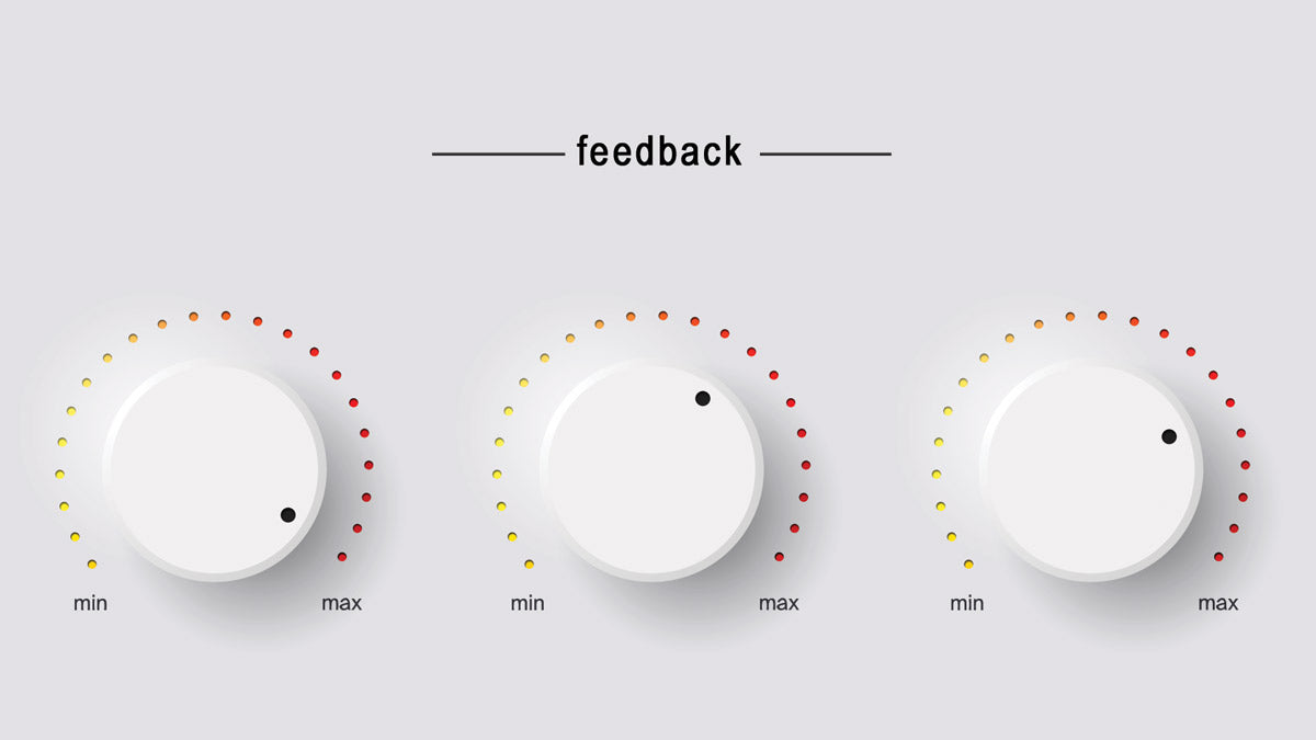 Image of three white knobs labeled feedback above. Each knob has a scale from min to max with red, yellow, and orange dots indicating levels. The knobs are turned to different positions along the scale.