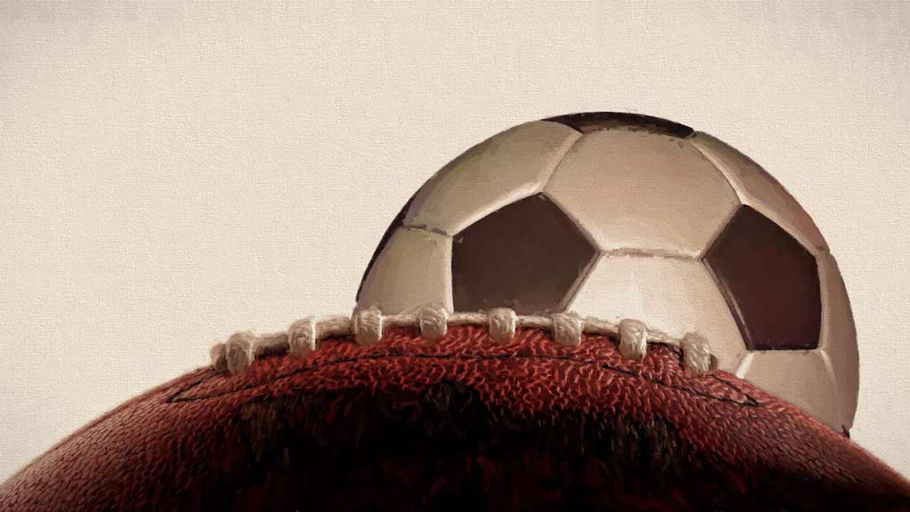 A digital painting featuring the upper part of a brown leather football with visible laces in the foreground, and a classic black and white soccer ball partially visible in the background against a plain white backdrop.