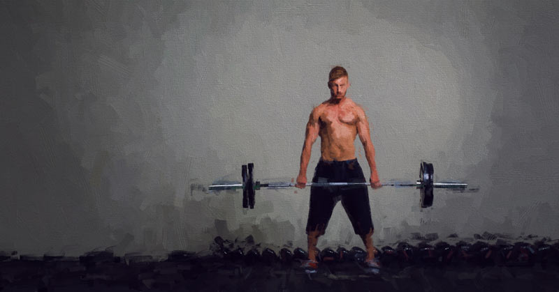 A shirtless man stands on a dark surface, holding a barbell with both hands. He is wearing black shorts and athletic shoes. The background is a neutral gray, giving the image a minimalist, painted appearance.