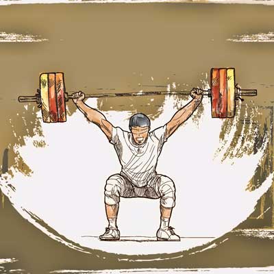 Illustration of a weightlifter in a white outfit performing a snatch lift. The background is an abstract beige and white swirl. The athlete holds a barbell with red weights overhead while in a squatting position.