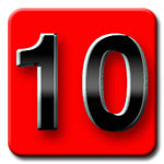 A bold, black and white number 10 is displayed on a red, glossy square background.