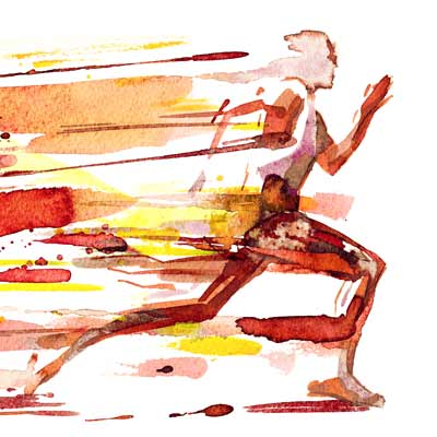 A watercolor illustration of a person running, depicted with dynamic brush strokes in shades of red, orange, and yellow, conveying a sense of speed and motion against a white background.