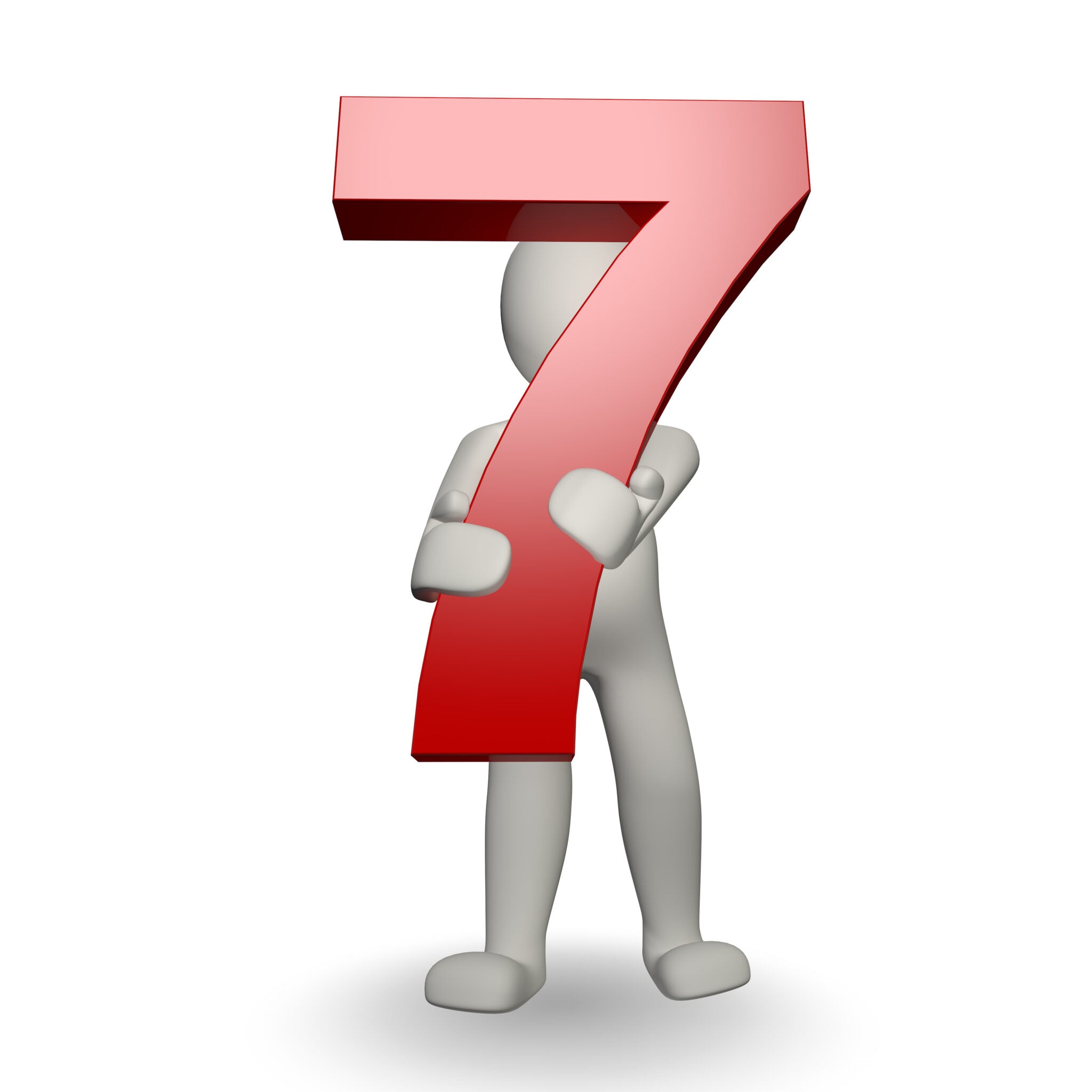 A 3D figure standing with arms crossed, holding a large red number seven in front of them. The background is plain white.
